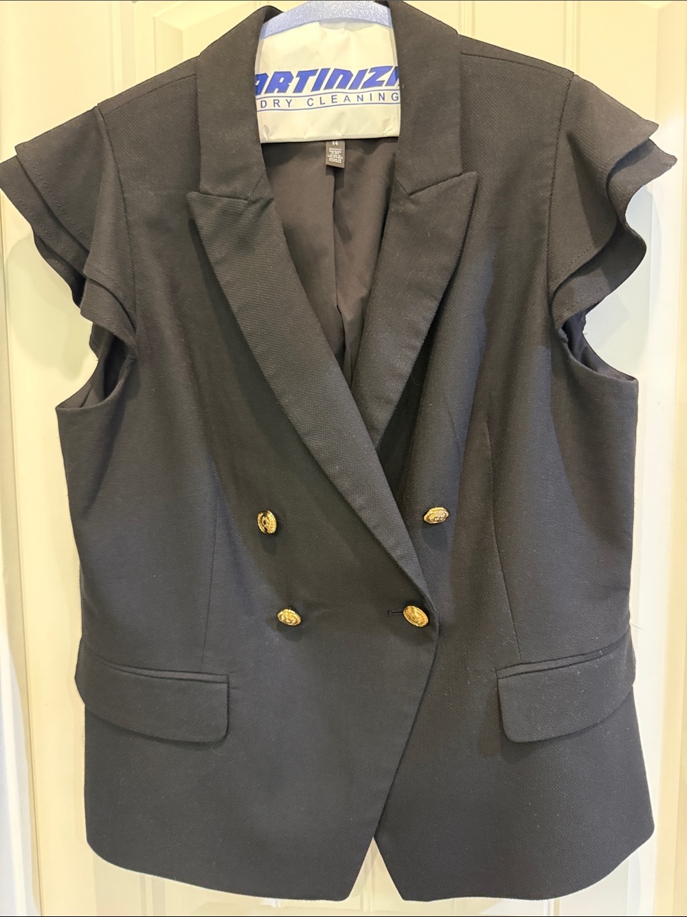Women’s Double-Breasted Black Sleeveless Blazer with Gold Buttons